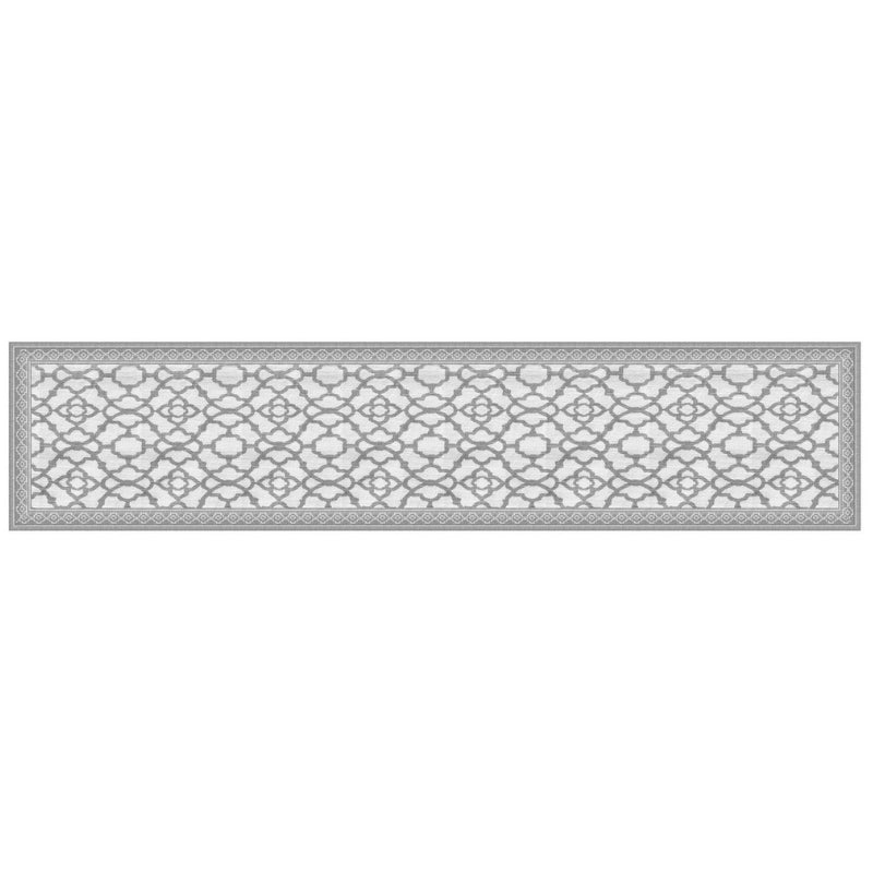 A decorative grey runner featuring an intricate pattern, enhancing the elegance of any dining setting.