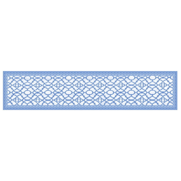 A decorative indigo runner featuring an intricate pattern, enhancing the elegance of any dining setting.