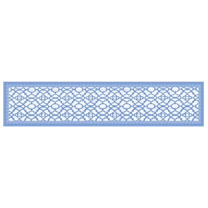 A decorative indigo runner featuring an intricate pattern, enhancing the elegance of any dining setting.