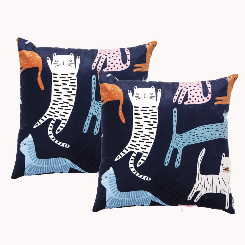 Renee Taylor Poly Velvet Printed Misty Cat 50x50cm Twin Pack Filled Cushion (6626546778156)