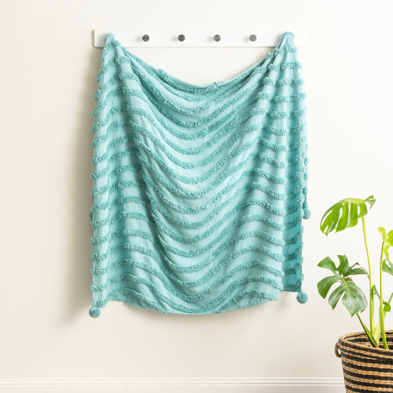 Renee Taylor Wave Cotton Chenille Vintage Washed Aqua Tufted Throw