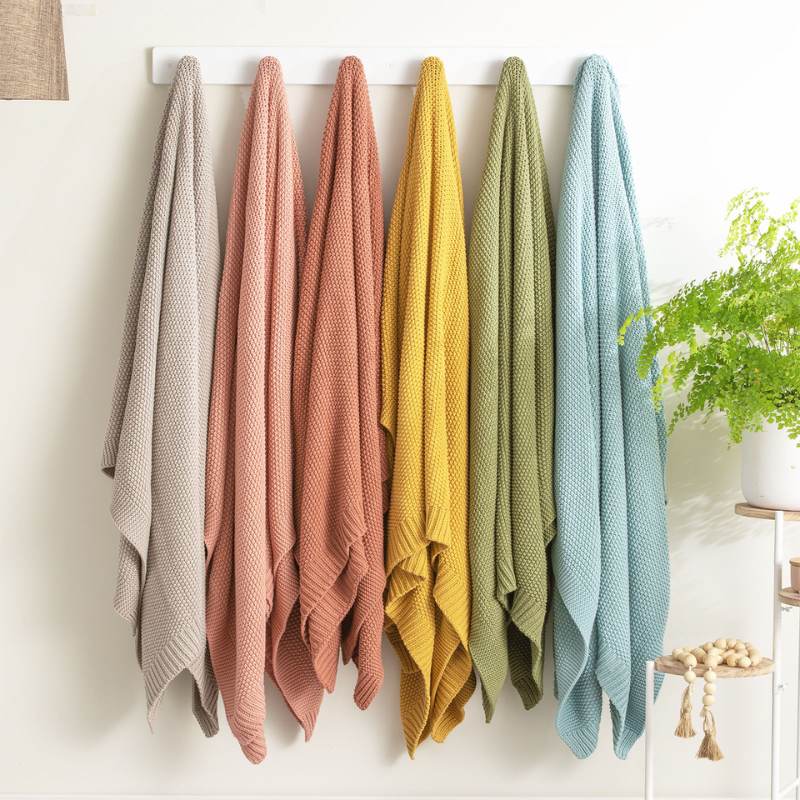 Renee Taylor Moss Seed Stitch Cotton Knitted Mustard Throw