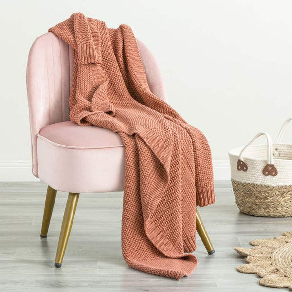 Renee Taylor Moss Seed Stitch Cotton Knitted Rust Throw