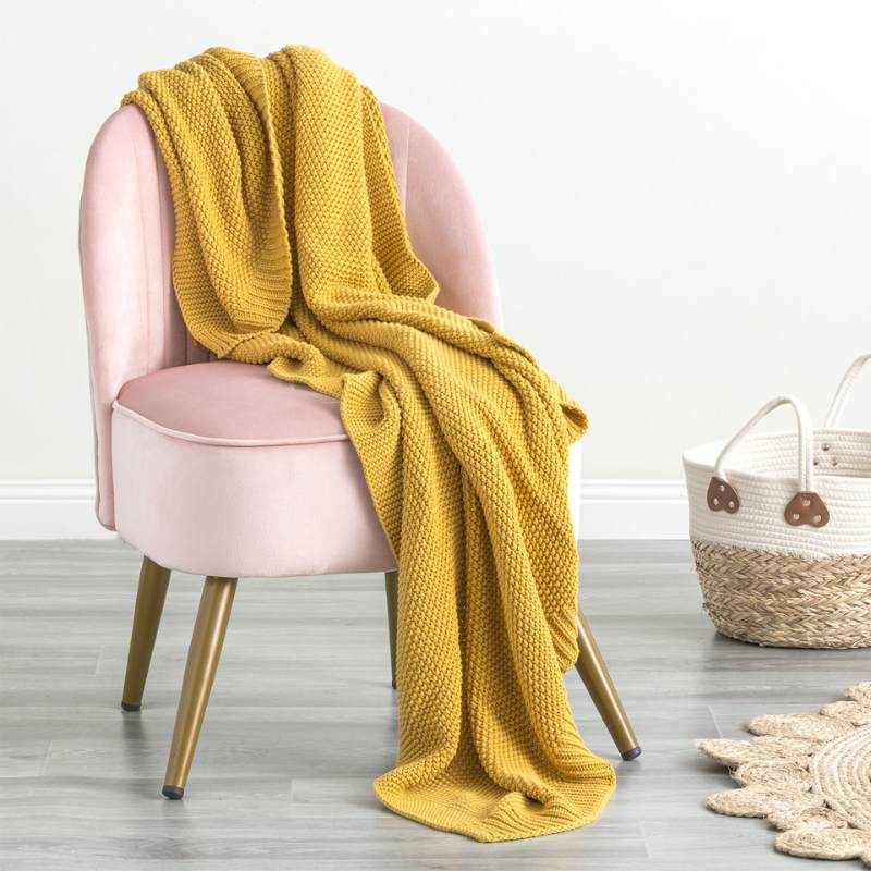 Renee Taylor Moss Seed Stitch Cotton Knitted Mustard Throw