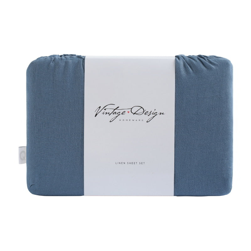 alt="A back view packaging of a blue sheet set is lightweight, breathable and keeps cosy in winter"
