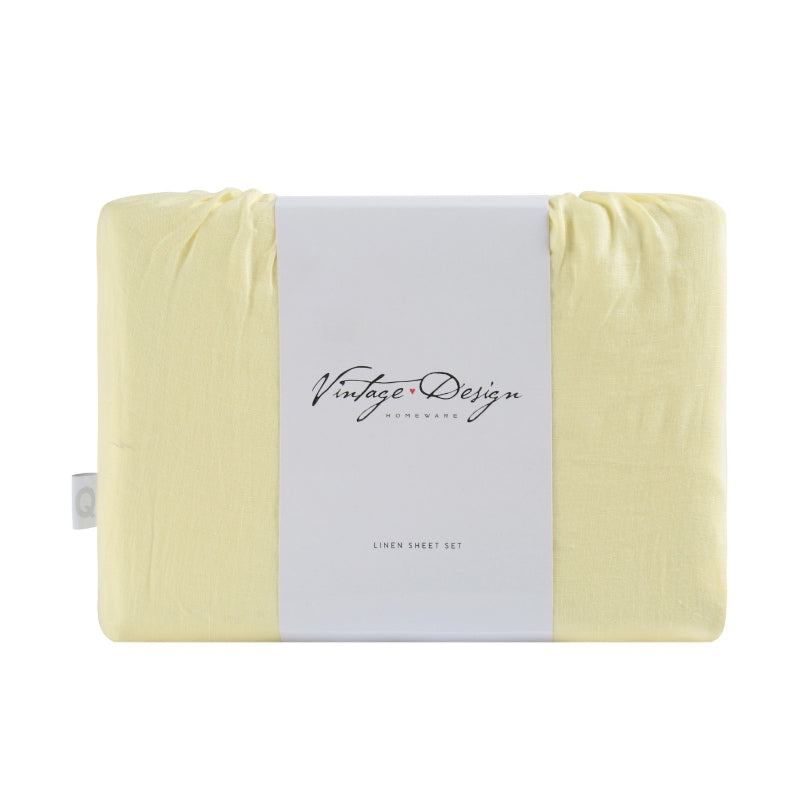 alt="A back view packaging of a light yellow sheet set is lightweight, breathable and keeps cosy in winter"