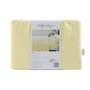 alt="A front view packaging of a light yellow sheet set is lightweight, breathable and keeps cosy in winter"