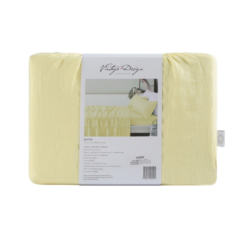 alt="A front view packaging of a light yellow sheet set is lightweight, breathable and keeps cosy in winter"
