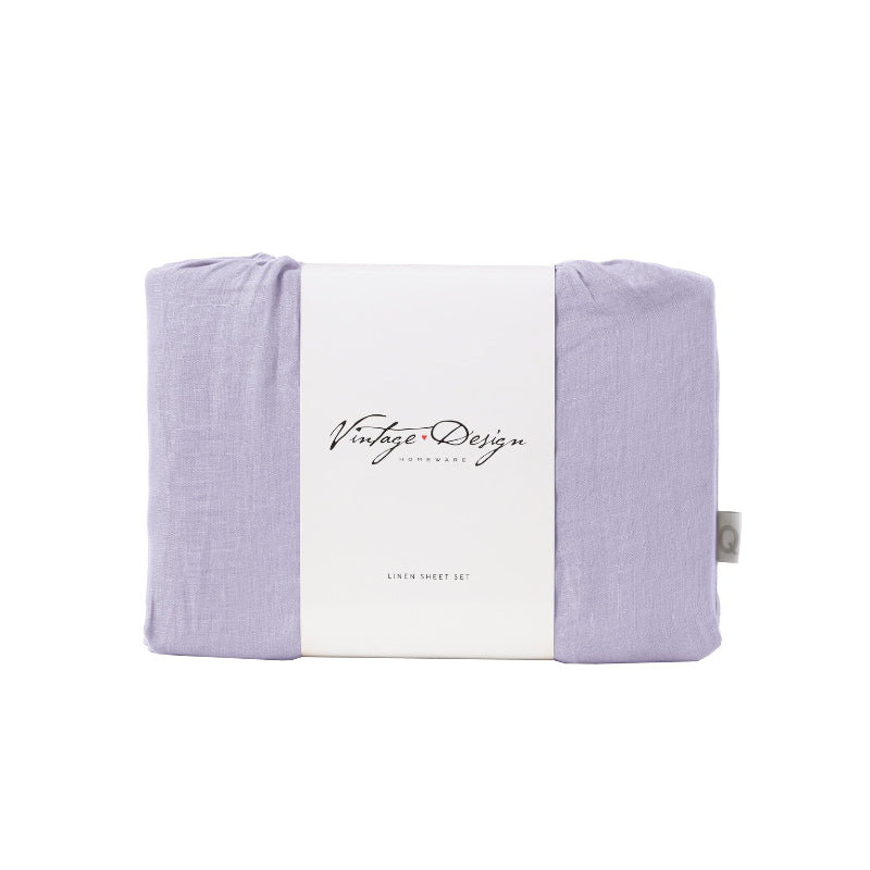 alt="A back view packaging of a purple sheet set is lightweight, breathable and keeps cosy in winter"