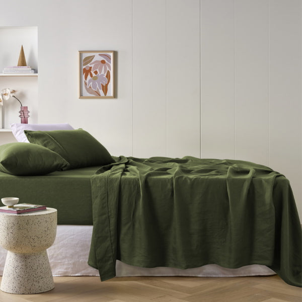 alt="An olive sheet set is lightweight, breathable and keeps cosy in winter"