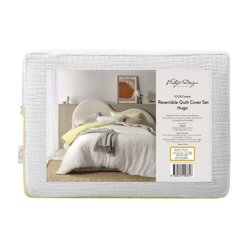 Vintage Design Hugo Reversible Cotton Gauze White/Butter Quilt Cover Set (6879326109740)