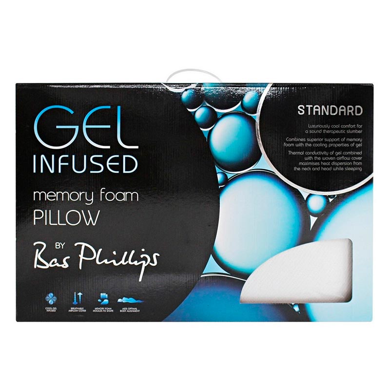 alt="Front details of a nice packaging of a standard memory foam pillow provides cool comfort for a sound therapeutic slumber"