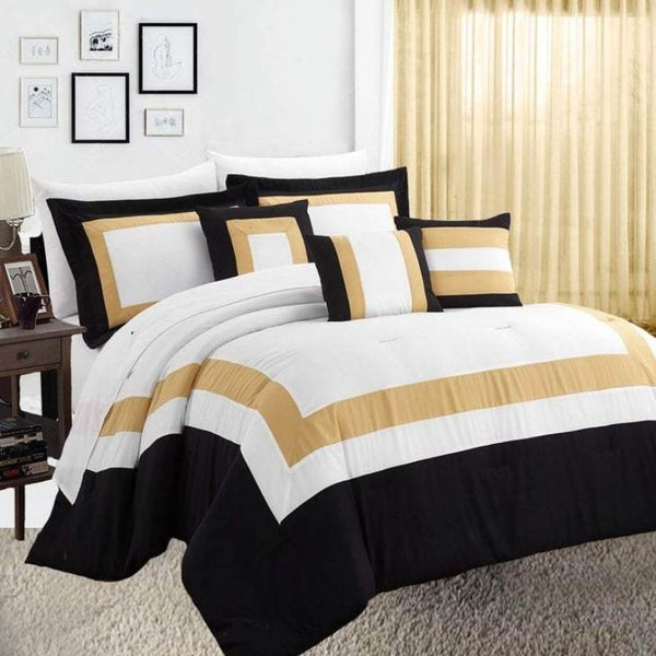 The 10-piece comforter set from Home Fashion features a sleek design with brilliant gold accents.