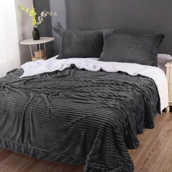 Home Fashion Stripe Flannel Sherpa Charcoal Comforter Set (6984685027372)