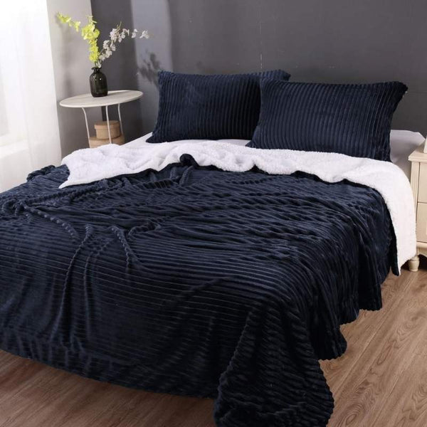 Premium navy blue comforter set with matching pillows, crafted from soft microfibre polyester with elegant 3D stripe design.