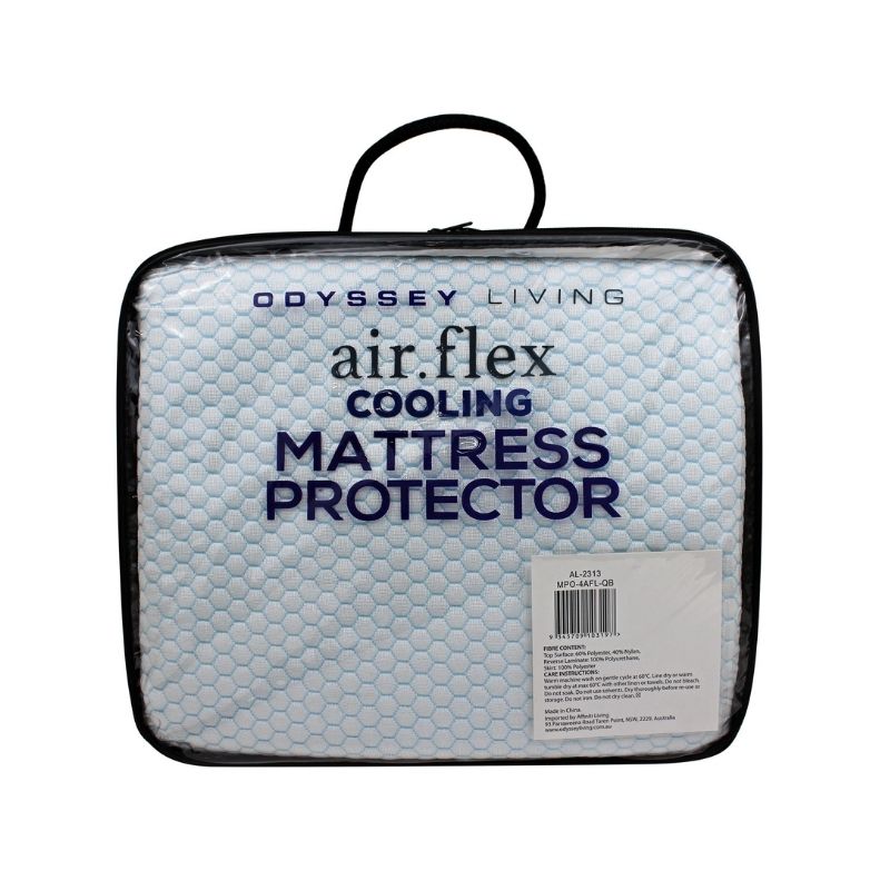 alt="Back details of a nice packaging of a cooling mattress protector with crinkle free waterproof layer"