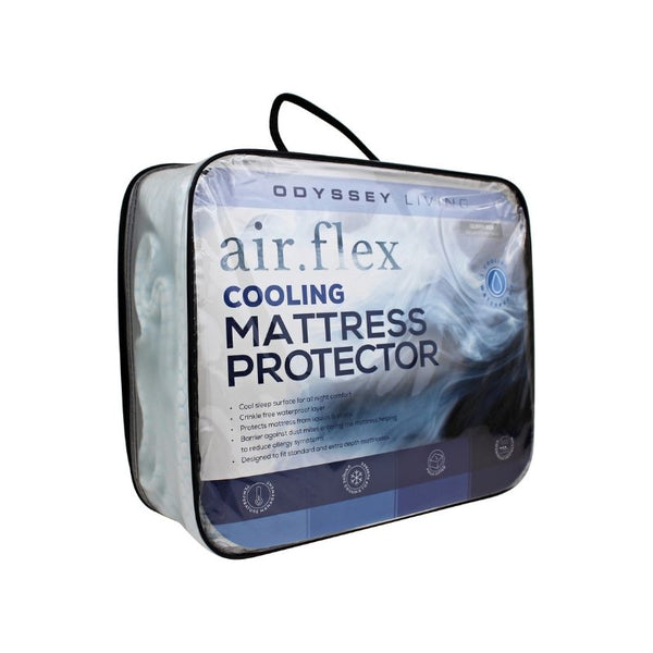 alt="Front details of a nice packaging of a cooling mattress protector with crinkle free waterproof layer"