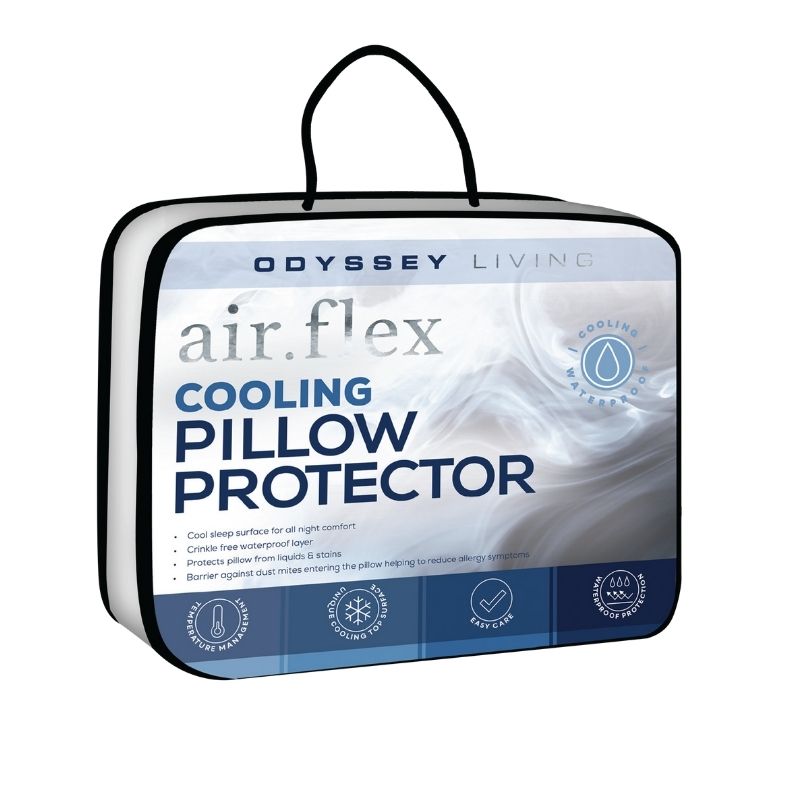 alt="Front details of a nice packaging of a pillow protector provides cool sleep surface for all night comfort."