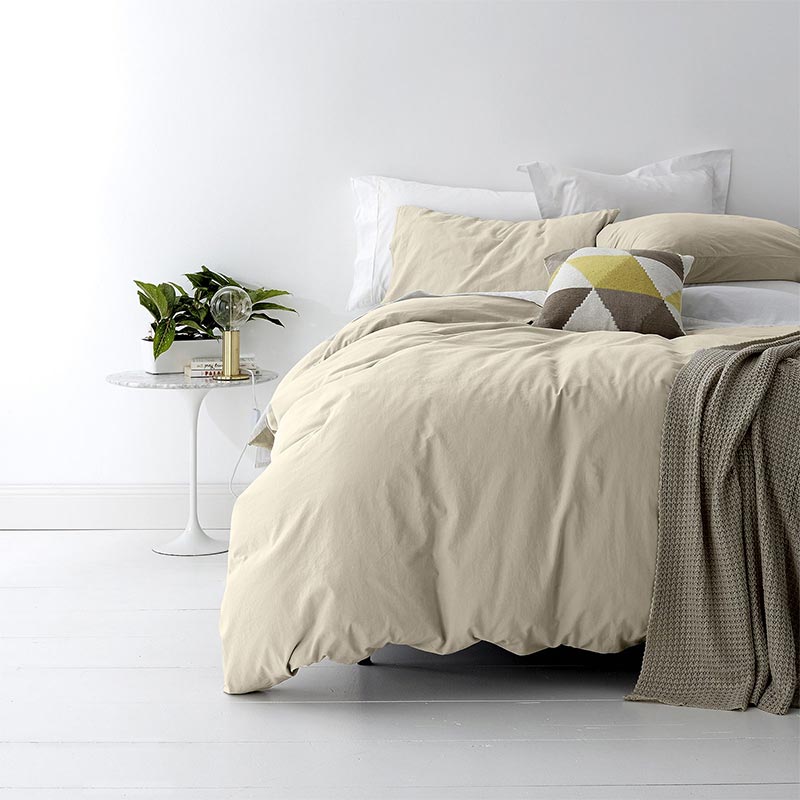 alt="A shade of stone quilt cover is soft, stylish percale bedding set made of fine cotton percale. Timeless design for modern bedrooms."