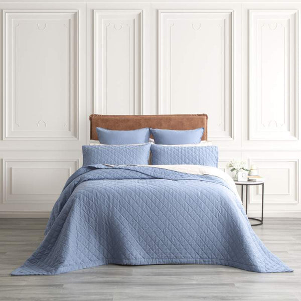 Renee Taylor Cavallo Stone Washed French Linen Quilted Denim Coverlet Set