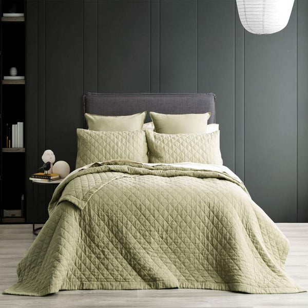 Renee Taylor Cavallo Stone Washed French Linen Quilted Jade Coverlet Set