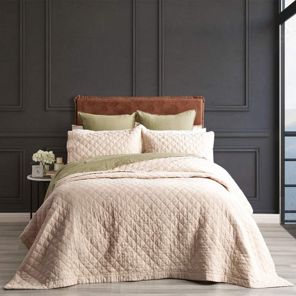 Renee Taylor Cavallo Stone Washed French Linen Quilted Natural Coverlet Set