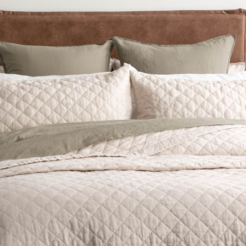 Renee Taylor Cavallo Stone Washed French Linen Quilted Natural Coverlet Set