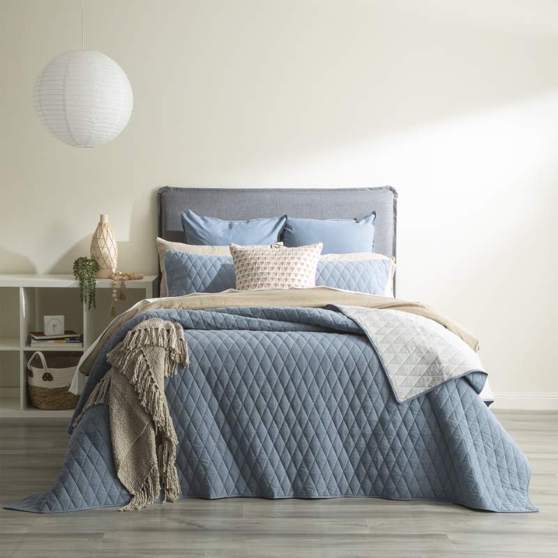 Renee Taylor Diamante Vintage Stone Washed Quilted Blue Coverlet Set