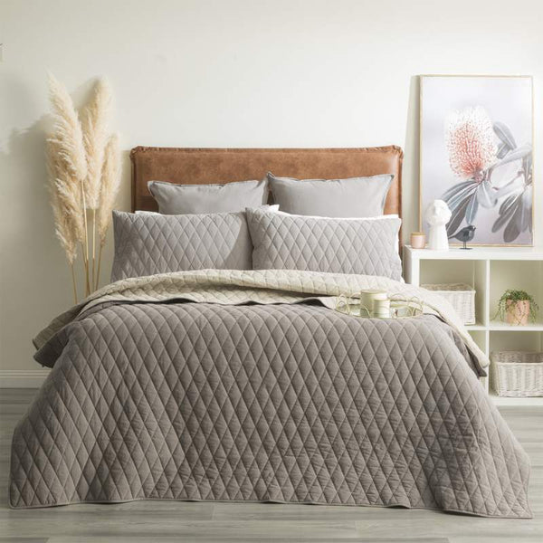 Renee Taylor Diamante Vintage Stone Washed Quilted Charcoal Coverlet Set