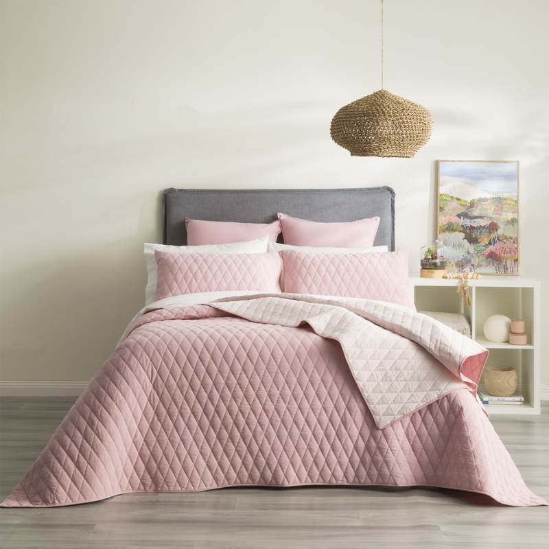 Renee Taylor Diamante Vintage Stone Washed Quilted Rose Coverlet Set