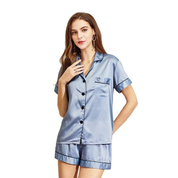 Softouch Super Soft Satin Short Dusty Blue Pajama Set (6985781706796)